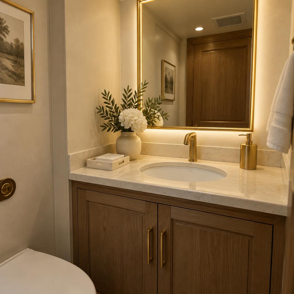 Elegant restroom vanity with a gold faucet and natural finishes